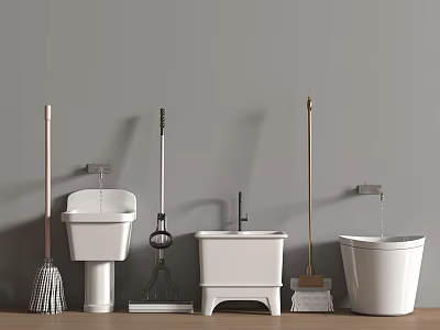 Practical Bathroom Cleaning Accessories Featuring Mop Broom Mop Sink and White Wash Basin 3d model