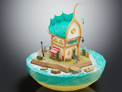 Cartoon Scene of Small Floating Island With Turquoise Curved Roof House Porch And Street Lamp 3d model