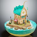 Cartoon Scene of Small Floating Island With Turquoise Curved Roof House Porch And Street Lamp