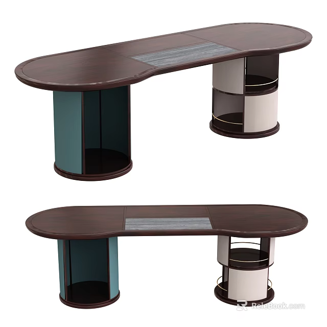 Modern Wooden Desk With Oval Top Blue Column And Shelved Pedestal 3d model 
