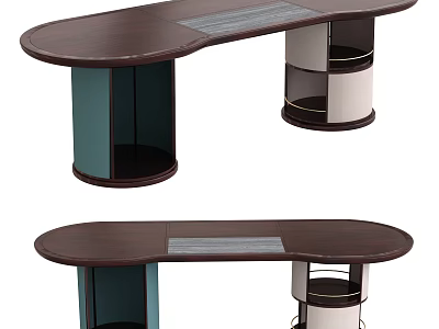 Modern Wooden Desk With Oval Top Blue Column And Shelved Pedestal 3d model