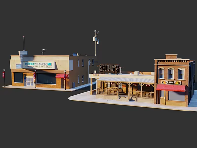 Detailed Miniature Building Models With Storefronts Awnings Street Lamps And Signs 3d model