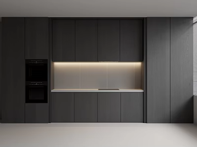 Sleek Modern Kitchen Sideboard With Dark Colored Cabinets Illuminated Countertop And Built In Oven 3d model