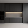 Sleek Modern Kitchen Sideboard With Dark Colored Cabinets Illuminated Countertop And Built In Oven
