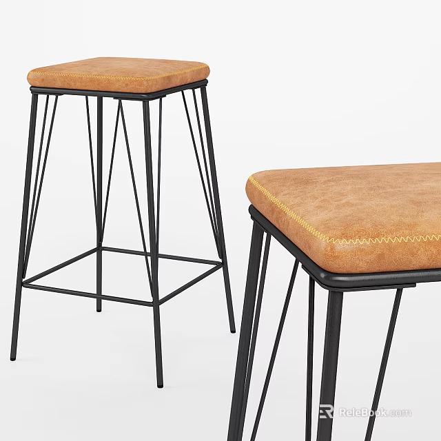 Modern Bar Stools with Brown Stitched Seat and Black Metal Frame Design 3d model 