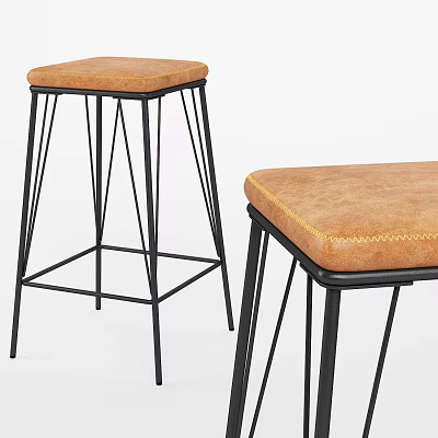 Modern Bar Stools with Brown Stitched Seat and Black Metal Frame Design 3d model