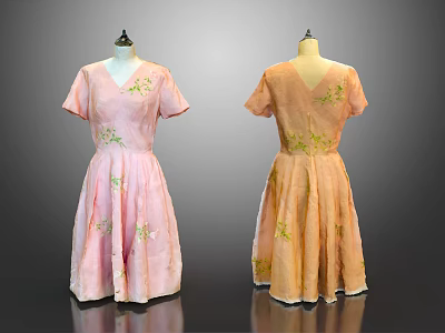 Pink and Orange Floral Embroidery Dresses with V Neck Short Sleeves and A Line Skirt 3d model