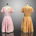 Pink and Orange Floral Embroidery Dresses with V Neck Short Sleeves and A Line Skirt