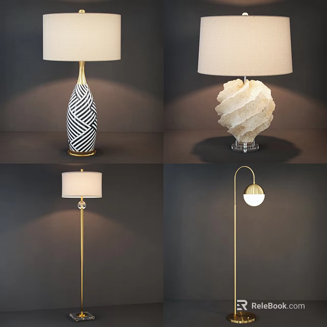 Modern Lighting Combinations With Textured Table Lamps Golden Floor Lamps And Fabric Shades 3d model 