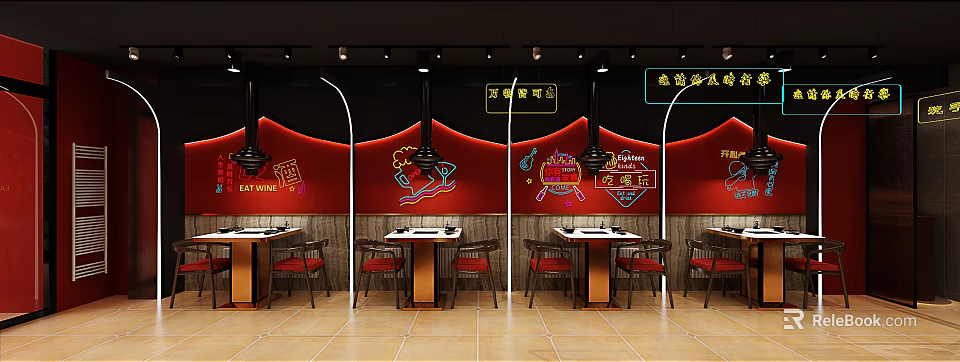 Traditional Chinese Restaurant Interior With Neon Signs Red Walls And Wooden Tables 3d model 