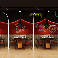 Traditional Chinese Restaurant Interior With Neon Signs Red Walls And Wooden Tables