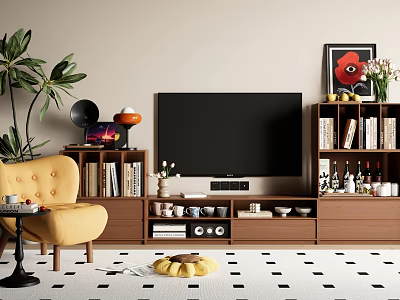Modern Wooden TV Stand With Black Television Bookshelves And Decorative Plants 3d model