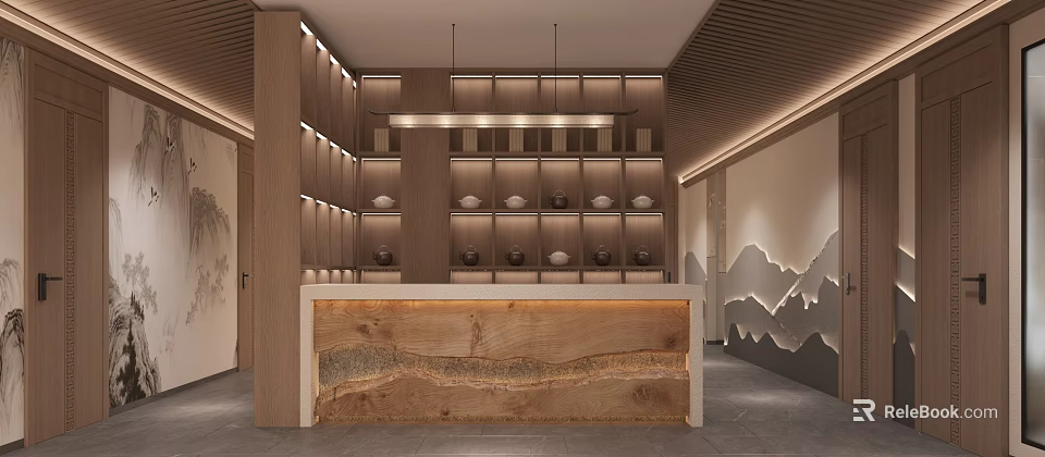 Traditional Teahouse Interior With Wooden Reception Counter And Tea Sets On Shelves 3d model 