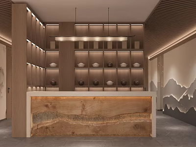 Traditional Teahouse Interior With Wooden Reception Counter And Tea Sets On Shelves 3d model
