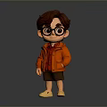 Cartoon Man with Brown Hair Black Framed Glasses Red Jacket Brown Shorts and Yellow Shoes