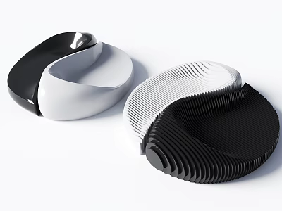 Stylish Modern Black And White Landscape Seats With Curved Striped Design 3d model