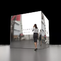 Silver Cube Art Installation With Text QR Code Woman Observing On Sleek Black Background 3d model