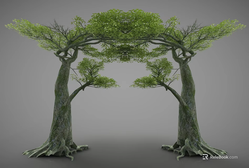 Two Trees Forming Natural Arched Gateway With Thick Trunks Green Leaves And Exposed Roots 3d model 