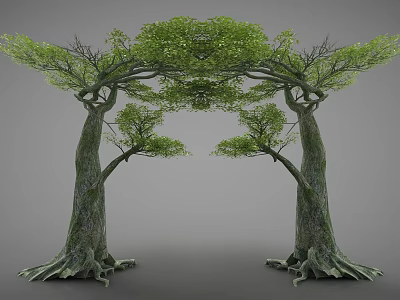 Two Trees Forming Natural Arched Gateway With Thick Trunks Green Leaves And Exposed Roots 3d model