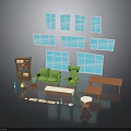 Living Room Interior With Green Sofa Armchair Bookshelf And Wooden Tables