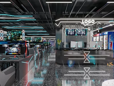 Modern Internet Cafe Interior With Gaming Computers And Neon Lights 3d model
