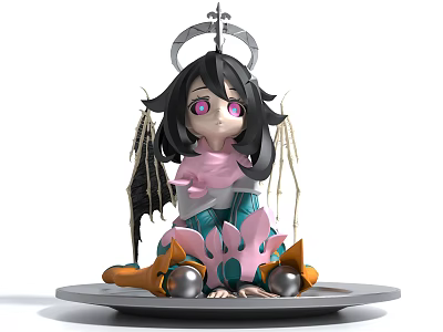 Cute Inflatable Angel Model With Black Wings Halo Pink Scarf Green Outfit And Lotus Base 3d model