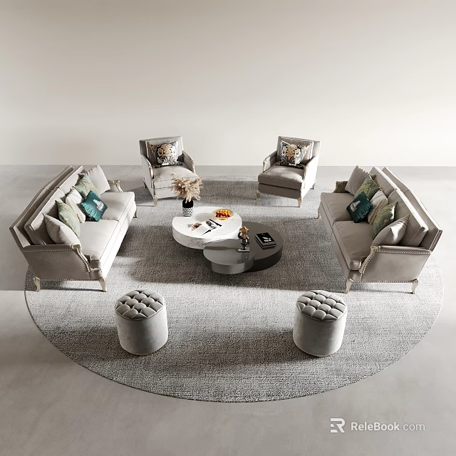 Sofa and Coffee Table Set with Accent Chairs Cushions and Stools in Modern Living Room 3d model 