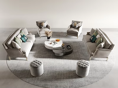 Sofa and Coffee Table Set with Accent Chairs Cushions and Stools in Modern Living Room 3d model