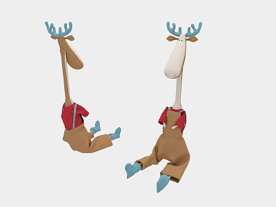 Reindeer Stuffed Toys With Blue Antlers Red Vests Brown Bodies And Blue Feet 3d model