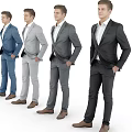 Men in Different Colored Suits With White Shirts and Ties Standing in Various Poses