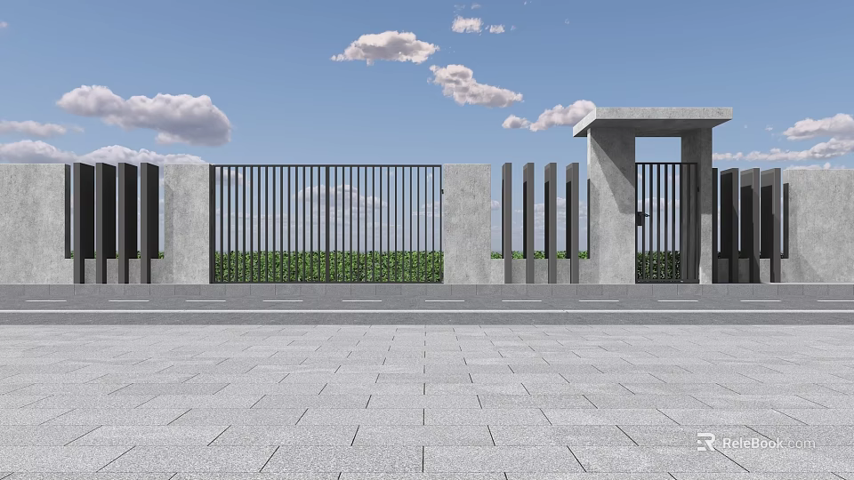 Concrete Pillar Black Metal Railing Modern Fence Design Under Blue Sky White Clouds Green Grass 3d model 