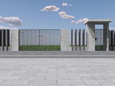 Concrete Pillar Black Metal Railing Modern Fence Design Under Blue Sky White Clouds Green Grass 3d model