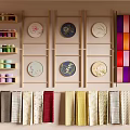 Organized Wall Display With Colorful Thread Spools Decorative Plates And Fabric Rolls 3d model