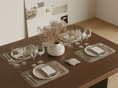Tableware Set With Plates Cutlery Wine Glasses And Dried Flower Vase On Wooden Dining Table 3d model