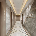 Modern Elevator Corridor With White And Gold Marble Floor Recessed Lighting And Wooden Panel Walls