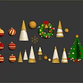 Christmas Household Decorations With Red Gold Baubles White Yellow Cones Wreath And Small Tree