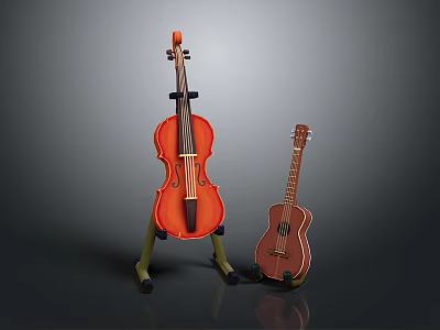 Home Living Violin on Stand and Small Guitar Display on Gray Background 3d model