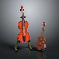 Home Living Violin on Stand and Small Guitar Display on Gray Background