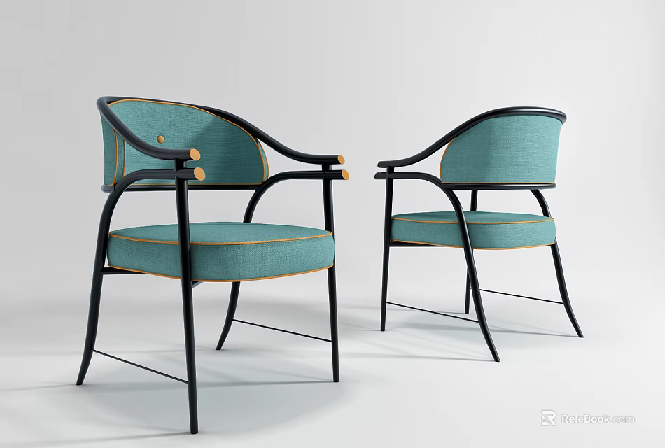 Modern Teal Dining Chairs With Curved Armrests Black Metal Frame And Gold Accents 3d model 