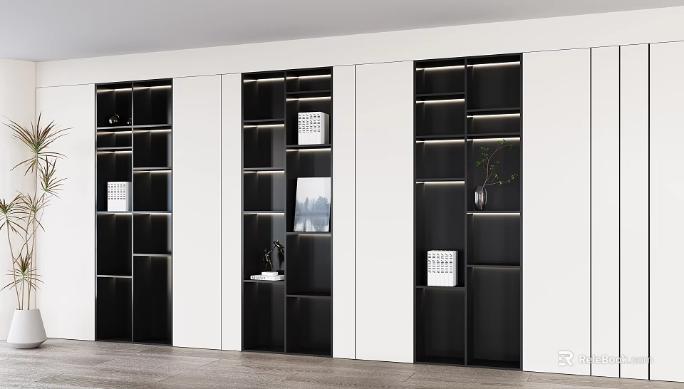 Modern Black And White Display Cabinet With Multiple Shelves And Decorative Lighting 3d model 