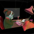 Game Animated Character Red Haired Girl Wearing Headphones At Desk With Lamp Notebook And Stationery