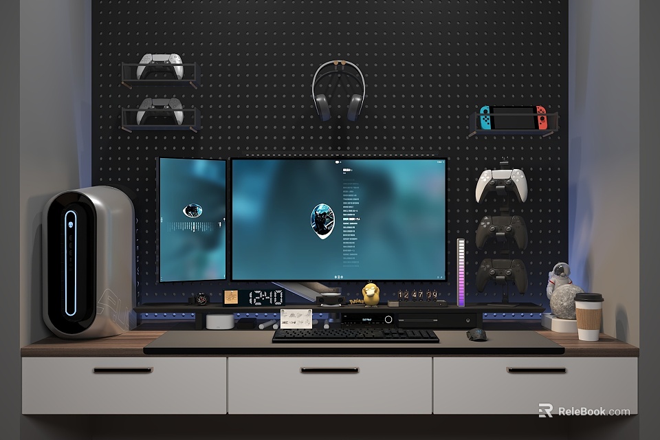 Gaming PC Setup With Dual Monitors Headphones And Game Controllers On Desk 3d model 