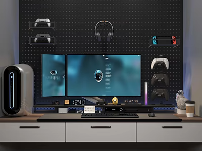 Gaming PC Setup With Dual Monitors Headphones And Game Controllers On Desk 3d model