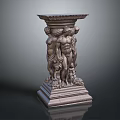 Classical Stone Column With Sculpted Human Figures Intricate Base And Decorative Capital 3d model