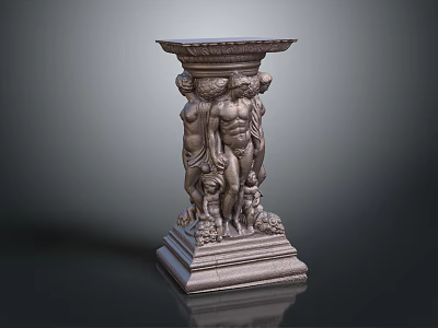 Classical Stone Column With Sculpted Human Figures Intricate Base And Decorative Capital 3d model