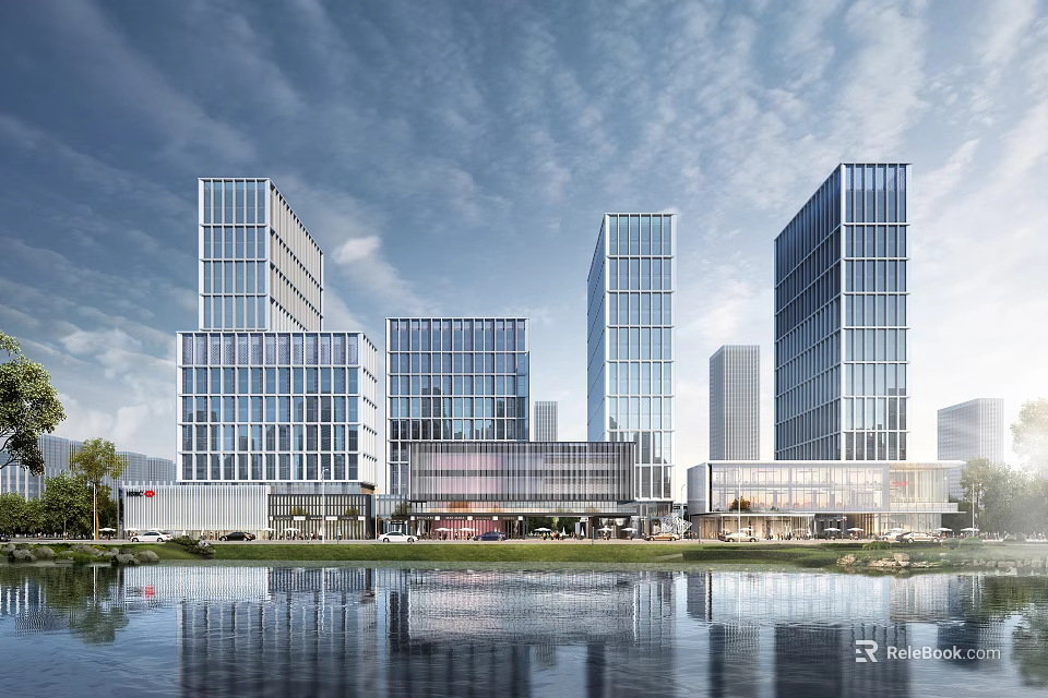 Modern Contemporary Sales Office Building With Glass Curtain Wall Lake View And High Rise Buildings 3d model 