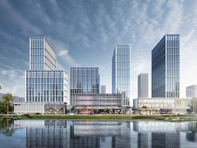Modern Contemporary Sales Office Building With Glass Curtain Wall Lake View And High Rise Buildings 3d model
