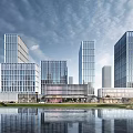 Modern Contemporary Sales Office Building With Glass Curtain Wall Lake View And High Rise Buildings