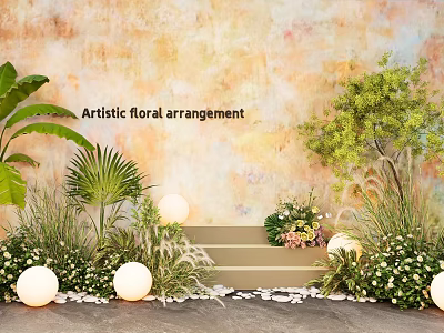 Artistic Installation With Floral Arrangement Green Plants White Spherical Lights And Stone Steps 3d model