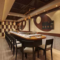 Traditional Chinese Restaurant Interior With Wooden Slat Ceiling Wine Rack Wall And Stone Elements